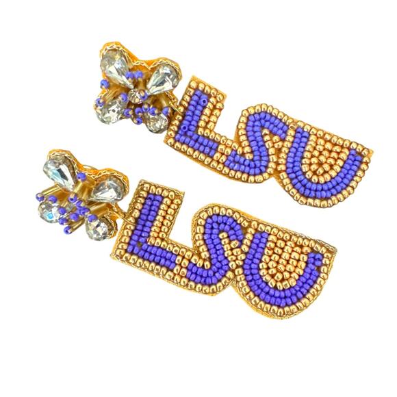 Purple & Gold Beaded LSU Earrings/LSU Tigers Earrings/Gift for Her/Gameday/Grad - Picture 1 of 2